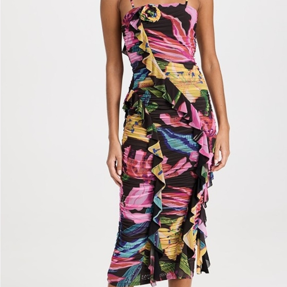 Rococo Sand Pink and Yellow Ruched Asymmetrical Sheath Dress